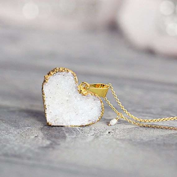White Heart Necklace - Druzy Heart Pendant with Rough Diamond
