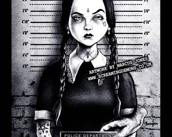 Gothic Art, Wednesday Addams Mugshot art, Witchcraft, Occult , Witch , Goth, dark Art, Art Print by Marcus Jones