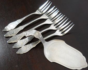 RESERVED for YUCHI-SALE- 5 vintage silver plated pastry forks cake server ornate cake forks tea party high tea silver plate German flatware