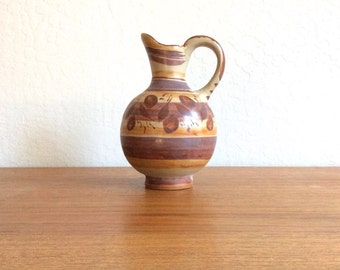 Vintage Mexican Barro Canelo (Cinnamon Pottery) from Tonala, Hand Painted Clay Pitcher, Tourist Souvenir