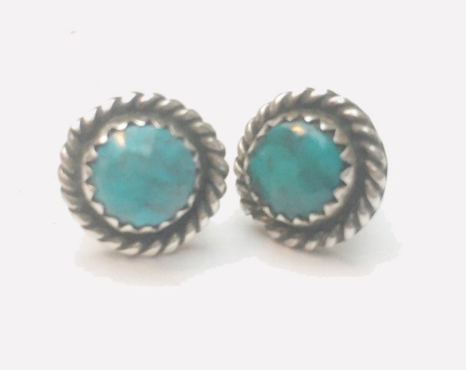 Sterling Turquoise Stud Earrings - Blue gemstone - southwestern - Native American -Old Pawn