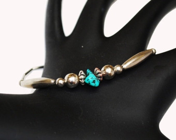 Sterling Bead Turquoise Bracelet - silver beads - Blue Gemstone - Native American - Southwestern - Boho Bangle