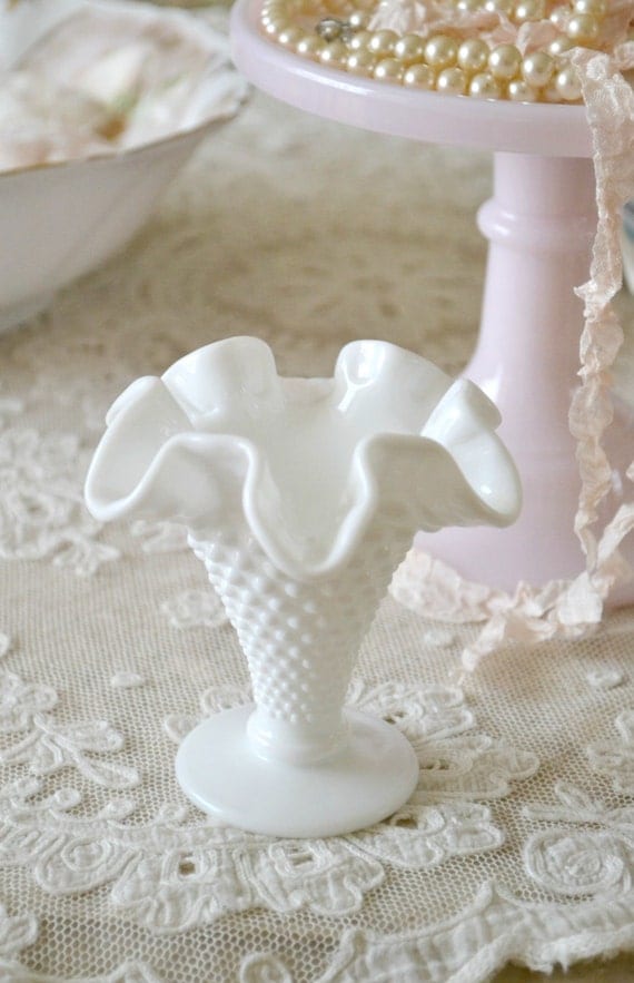 Vintage Small Milk Glass Ruffled Bud Vase / Hobnail / White
