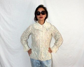 Vintage Saks Fifth Avenue Lace Shirt. Fancy Womens Button Up Designer Dress Shirt. Witchy Stevie Nicks Shirt With Peter Pan Collar.