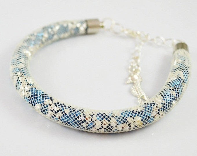 Sky Blue mesh bracelet nylon Glowing crystals mesh shiny bracelet net bracelet modern bracelet mesh bracelet crystal bracelet gift idea