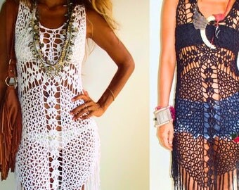 Cross Crochet Boho Dress with long Fringe/Off-White Colors/Festival crochet dress/Bikini Cover up dress/Hippie Fringe dress.