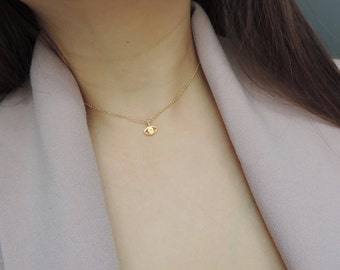 Mini Gold Evil Eye Choker Dainty Necklace • Tiny Evil Eye 24K Gold Vermeil Charm • Mini Nazar Protection Good Luck Necklace Jewelry Gift