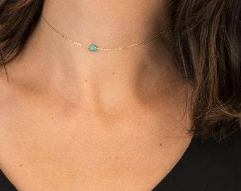 Choker Necklace, REAL Turquoise with Gold Filled, Sterling Silver or Rose Gold / Delicate and Dainty Short Layering Necklace LN616_aj