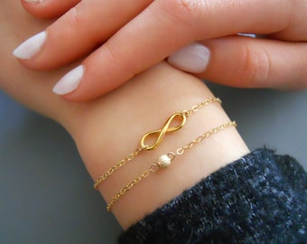 Set of 2 Bracelets, Gold Stardust Bead Bracelet, Gold Infinity Bracelet, Gold Filled Bracelet Set, Dainty Layer Bracelet, Gift For Her #531