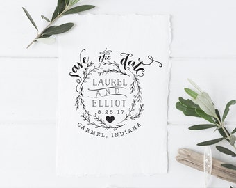 Wedding Save the Date Stamp - Laurel Wreath Calligraphy Save the Date - Rubber Stamp DIY Save the Dates