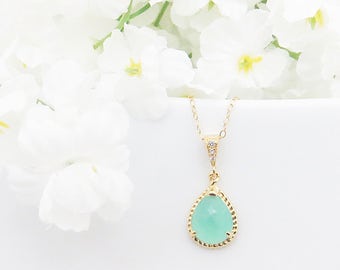 Gold Mint Necklace, Bridal Necklace, Crystal Necklace, Mothers Day Gift, Bridesmaid Necklace, Wedding Gift, Gift for Friend, Gift for Wife