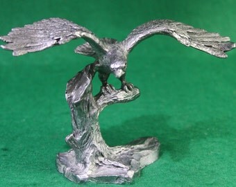 Vintage signed Pewter Perched Eagle with spread wings sculpture