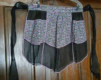 Vintage Black Organza and Floral Cotton Hand Made Apron 1950s D610
