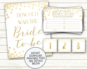 How Old was the Bride to be Shower Game Printable Guess the Bride's Age Bachelorette Party Engagement Gold Confetti Glitter Instant Download
