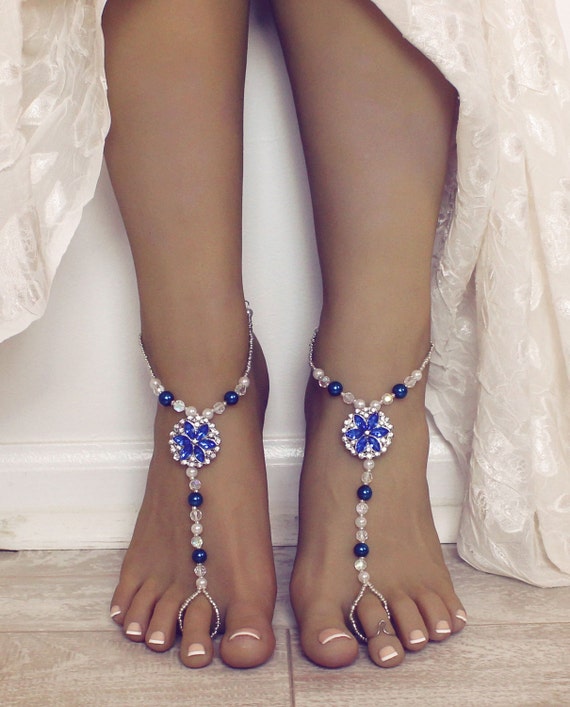 Something Blue Rhinestone Barefoot Sandals Pearl Bare Foot