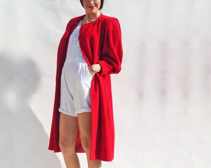 Red Wool Coat, Vintage 80s Collarless Red Wool + Cashmere Winter Coat, 80s Avant Garde Coat, Cashmere Wool Coat, Oversized Long Coat, Womens