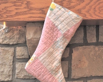 Vintage Christmas Stocking Farmhouse Christmas- Double Sided- Recycled Quilts--Antique Quilt-Old Quilt Stocking