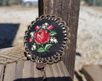 Vintage Embroidery Cross Stich Rose Petit Point Brooch Pendant