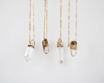 Quartz Crystal Necklace / gold plated double point quartz pendant necklace