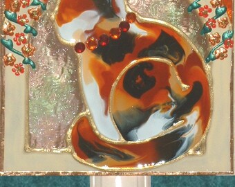 Calico Cat Night Light, Handmade Cat Nightlight Stained Glass Gift For Cat Lover Gift, Unique Decorative Night Lights Cat Memorial Decor Art