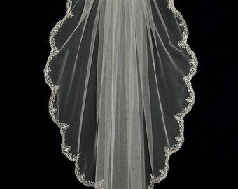 Rhinestone Beaded Silver Embroidery Fingertip Length Wedding Veil