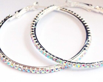 Crystal Hoop Earrings Thin Cast Silver Rhodium Plated Iridescent Rhinestone Hoops Earrings 2 inch hoops
