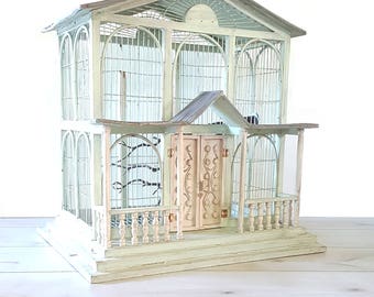 Huge Vintage Bird House ~ Wood/ Metal Bird Cage / Sage Green / Grey / Farm Wedding Decor