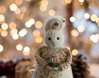 Christmas Gift for Her, Christmas Decoration, Stuffed Bunny Rabbit, X-mas Home Decor, Knitted Ornament, Knitted Art Doll, Stuffed Animal