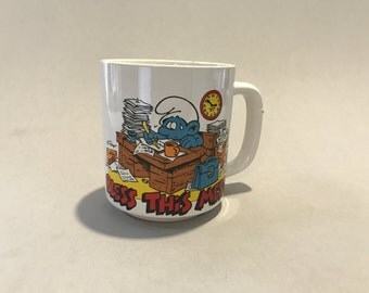 SMURF CERAMIC MUG, Vintage Smurf Mug, Bless this Mess mug, office gift, vintage office gift, retro collectible mug, work gift, Smurf gift