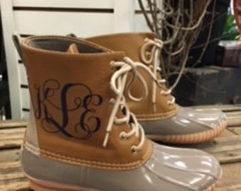 Gray Monogrammed Duck Boots