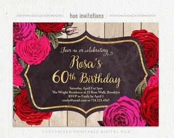 rustic 60th birthday invitations for women, rose birthday invitation, floral birthday invitation, gold glitter red pink woodgrain printable