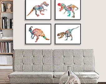 Dinosaur Art Print - Kids Wall Decor - Children Art - Set of 4 prints - S6