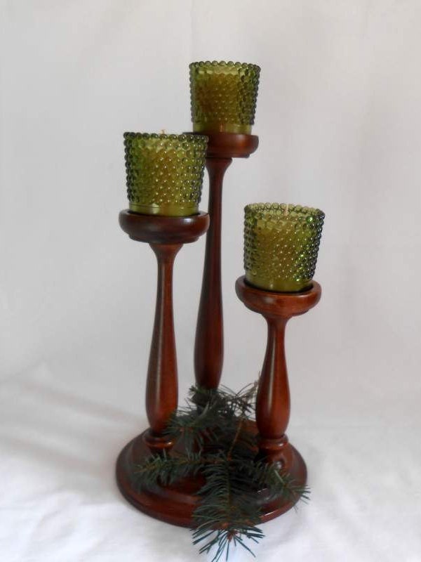 Wood Three Tiered Candle Holder With Beeswax Votive Candles