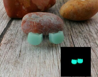 Glowing stud earrings Glow in the dark Post earrings Turquoise earrings Minimalist earrings Cat lover gift Cute cat jewelry Cat earrings
