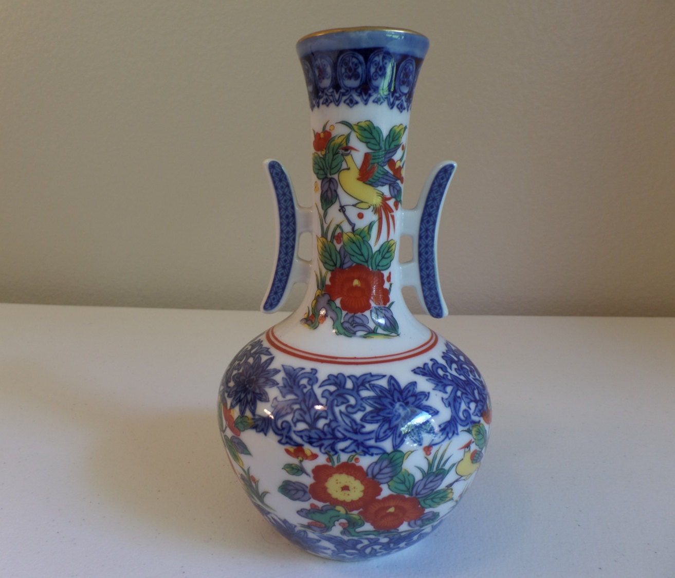 Vintage Blue White Red Floral Porcelain Vase Made In Japan