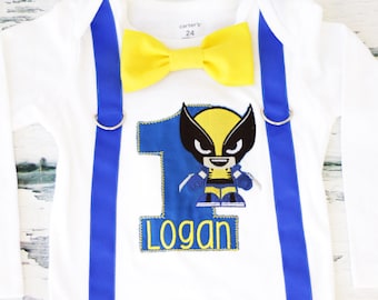 Boy first birthday Wolverine themed boy cake smash outfit boy embroidered wolverine x-men themed birthday onesie bow tie suspender set