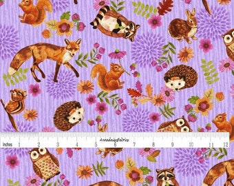 Purple Woodland Animal Fabric, Enchanted Forest Studio E 3832 50 Character Allover Lilac, Fox, Bunny, Hedgehog, Raccoon, Squirrel, Cotton