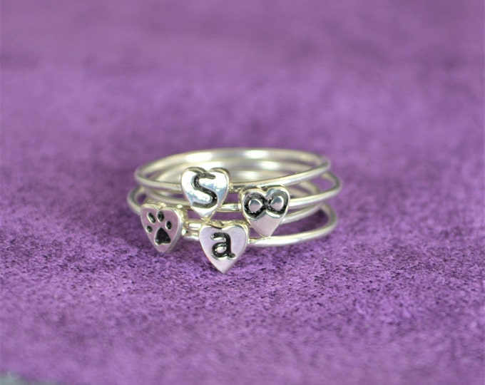 Silver Dog Print Ring, Pet Jewelry, Monogram Heart Ring, Silver Heart Ring, Personalized Heart Ring, Sterling Heart Ring, Silver Ring