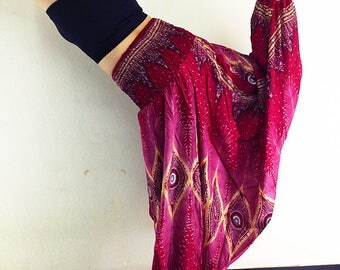 Harem Pants Women Yoga Pants Drop Crotch Aladdin Pants Maxi Pants Boho Pants Gypsy Pants Genie Jumpsuits Rompers Boho Pants Red Pink (HP28)