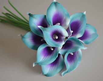 10 Teal Purple Picasso Calla Lilies Real Touch Flowers For Silk Wedding Bouquets, Centerpieces, Wedding Decorations