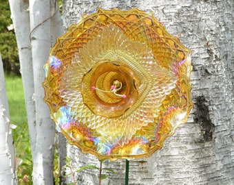 Floral Vintage Art, Summer Garden Art, Yellow Floral, Yard Art, Garden Flower & Welded Stem, Mothers Flower Gift, For the Garden Gift