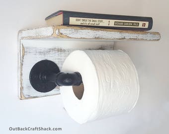 Toilet Paper Holder, Pipe Toilet Roll Holder with Shelf, Distressed White Decor, Farmhouse Decor, Pipe Decor, Rustic Decor, Multiple colors!