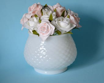 Vintage milk glass white planter E.O. Brody co. 4.5"H fishscale indoor plant pot vase wedding decoration centerpiece cottage chic home decor