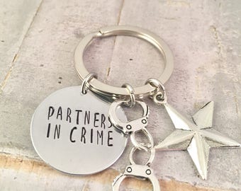 Best friend keychains, partners in crime keychains, hand stamped Partners In Crime with star and handcuff charms, purse keychains
