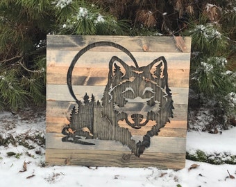 Rustic Wolf Silhouette Wood nWall Art