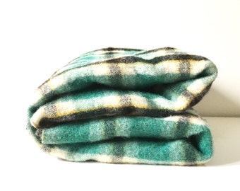 Vintage Green Plaid Wool Blanket / Tartan Plaid Wool Throw / Camp Blanket Pure Wool / Green Black Yellow Lap Stadium Blanket Picnic Blanket