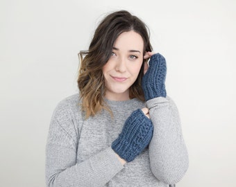 Knit Fingerless Gloves - The 'Alpine' Knitted Mitts, Wool Arm Warmer Mittens - in *Denim* - Blue Mitts