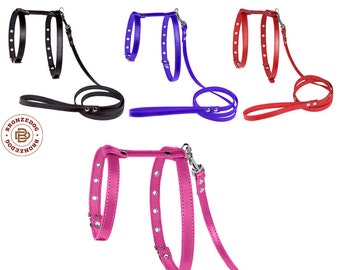 Leather Dog Harness Leash Set Adjustable Small Medium Black Red Brown Mustard