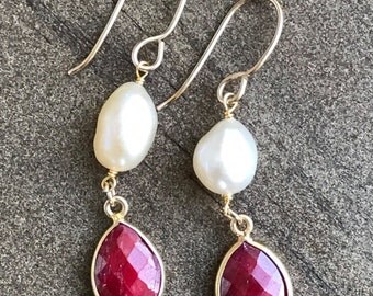 Ruby bezel and fresh water baroque pearl earrings. 14k gold filled earrings. Vermeil earrings. Free shipping within USA.