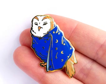 Owl in Blanket Hard Enamel Pin - White, Blue, Orange, and Gold - Lapel Pin Cloisonné Badge